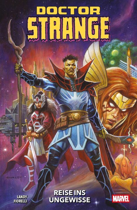 "DOCTOR STRANGE: REISE INS UNGEWISSE" in großen Buchstaben. Eine farbenfrohe Illustration mit Helden in Rüstungen.