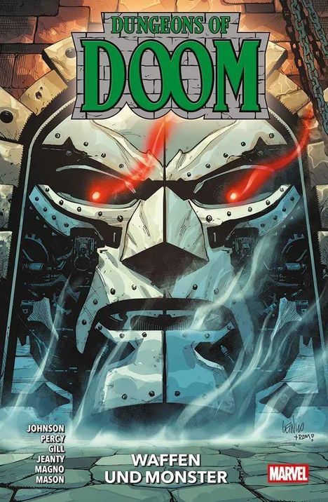 "DUNGEONS OF DOOM" und "WAFFEN UND MONSTER". Illustration: Bedrohliches Metallgesicht mit leuchtend roten Augen.