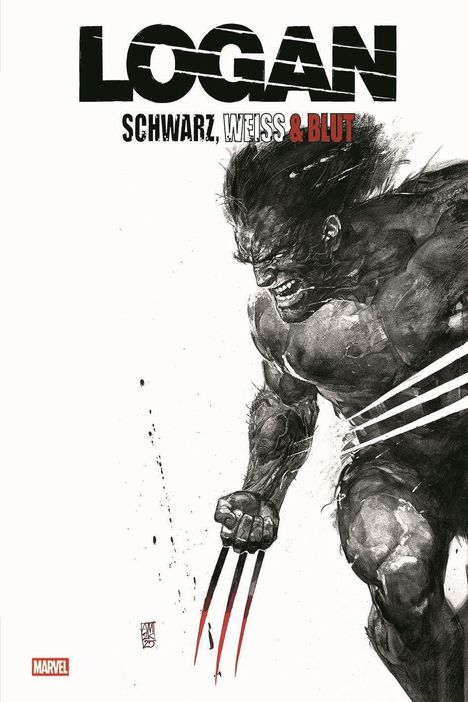 Text: "LOGAN SCHWARZ, WEISS & BLUT". Illustration eines muskulösen Mannes mit ausgefahrenen Krallen.