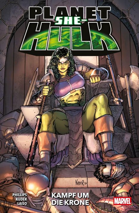 "PLANET SHE-HULK", darunter "KAMPF UM DIE KRONE". Eine grüne Kriegerin sitzt auf einem Thron, umgeben von Rüstungen.