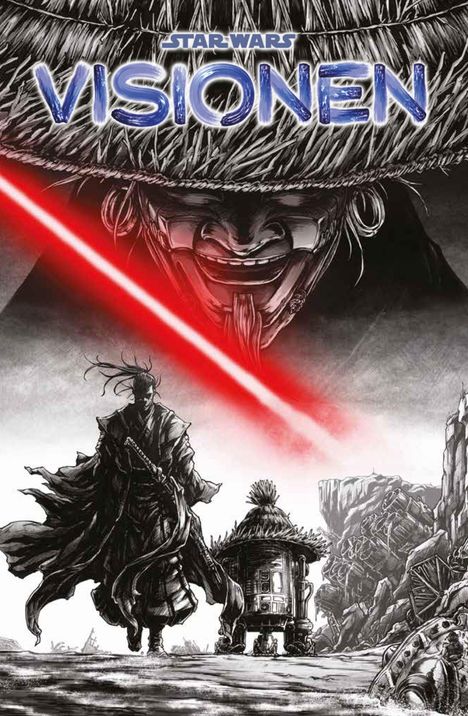 "Star Wars Visionen" steht oben. Eine düstere Figur mit Hut, darunter ein Krieger mit Umhang und Roboter. Roter Lichtstrahl.