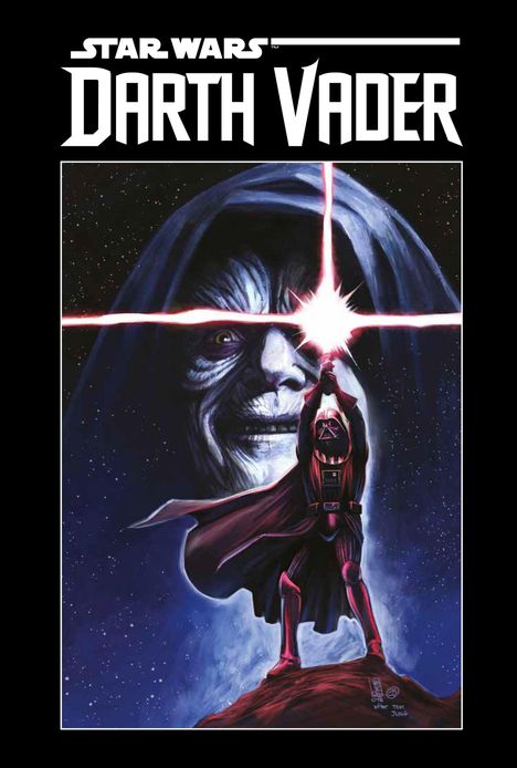 "Star Wars: Darth Vader" Illustration, zeigt Vader mit erhobenem Lichtschwert, hinter ihm ein lächelndes, düsteres Gesicht.