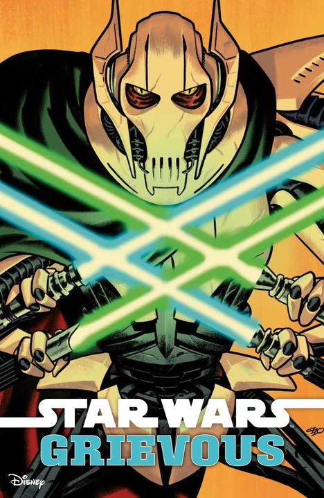 Text: „Star Wars Grievous“. Illustration eines Cyborgs mit vier Lichtschwertern.