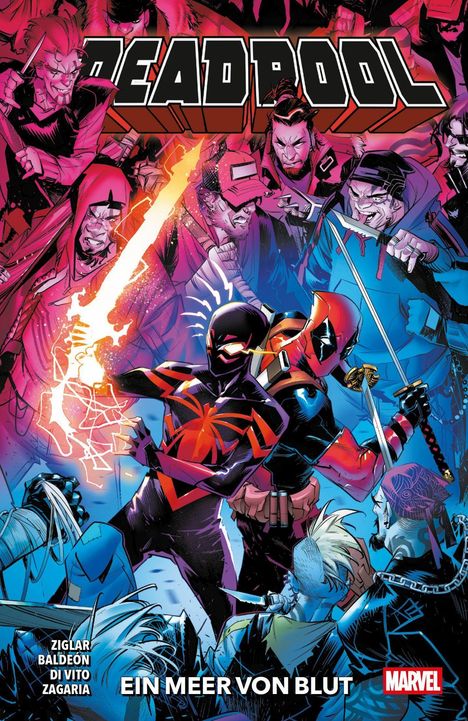 "DEADPOOL" oben, "EIN MEER VON BLUT" unten. Illustration mit Superhelden in actionreicher Kampfszene.
