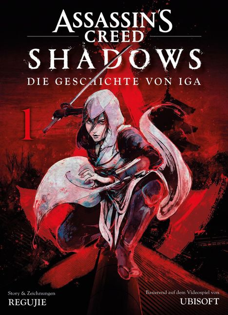 Text: "Assassin's Creed Shadows - Die Geschichte von Iga. 1. Regujie. Ubisoft." Illustration eines Assassinen mit Schwertern.