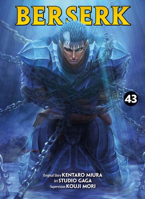 "Berserk" in Gelb oben, Nummer 43 auf schwarzem Kreis. Illustrierter Krieger in blauer Rüstung, von Ketten umwickelt.