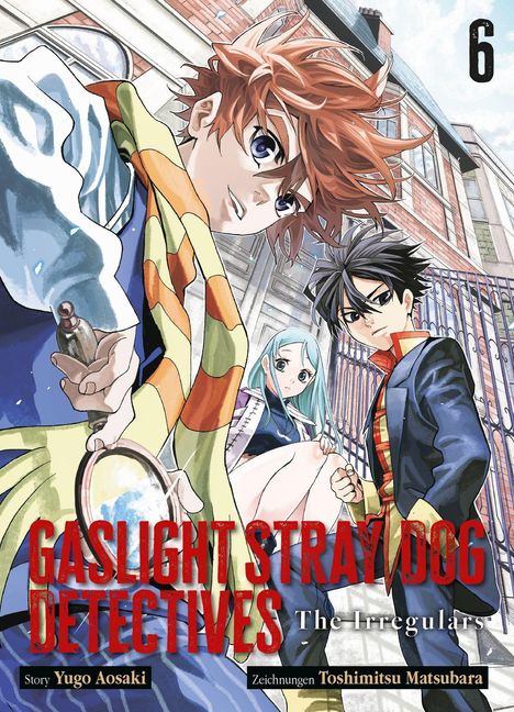„GASLIGHT STRAY DOG DETECTIVES“, Band 6, drei dynamische Figuren in einer städtischen Gasse, Illustration.