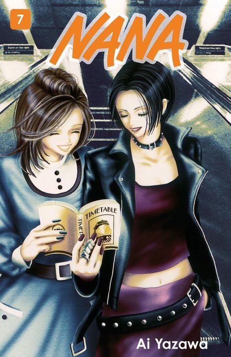 „NANA“ und „Ai Yazawa“ stehen groß. Zwei Frauen lesen einen Fahrplan. Modernes Manga-Cover mit stilvollen Outfits.