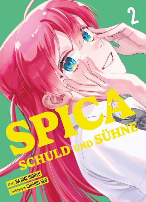 Text: SPICA Schuld und Sühne. Illustration eines Mädchens mit roten Haaren und strahlend blauen Augen.
