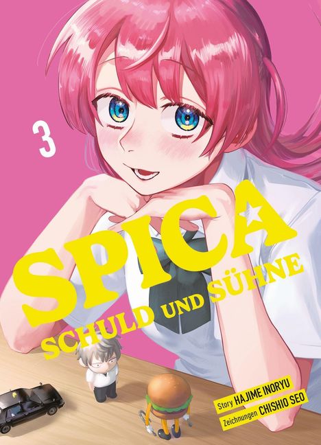 „SPICA: SCHULD UND SÜHNE“, Illustration, fröhliches Mädchen mit rosa Haaren, Spielzeugautö und Figuren auf einem Tisch.