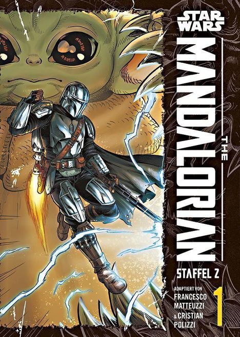 "The Mandalorian", "Staffel 2", ein gepanzerter Krieger mit Kind im Hintergrund, Illustration im Comics-Stil.