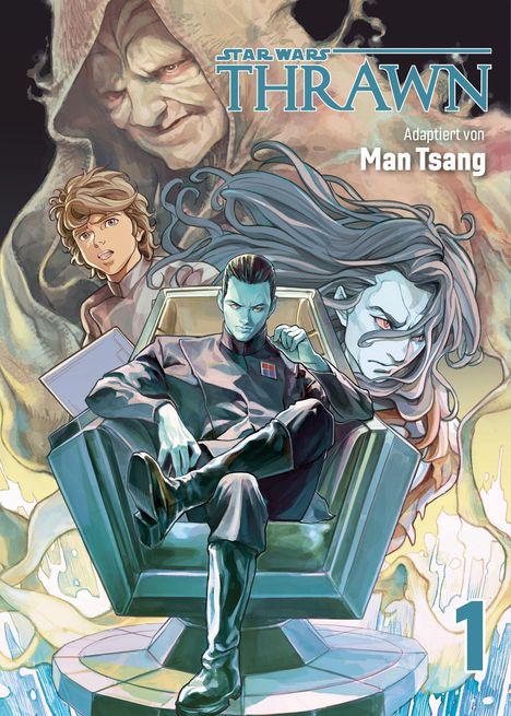 "Star Wars: Thrawn", adaptiert von Man Tsang. Illustration mit mysteriösem Mann im Thron und Gesichter im Hintergrund.