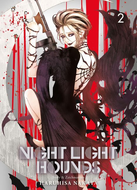 „NIGHT LIGHT HOUDS“ und „HARUHISA NAKATA“. Illustration: Person mit Gewehr, Fledermausflügeln und Netzbekleidung.