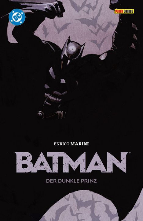 „ENRICO MARINI, BATMAN, DER DUNKLE PRINZ.“ Illustration von Batman, umgeben von fliegenden Fledermäusen.
