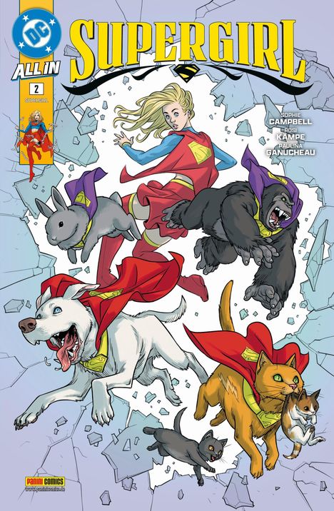 „SUPERGIRL“ in großen Buchstaben. Supergirl fliegt durch zerbrochenes Glas, umgeben von Tieren in Capes.