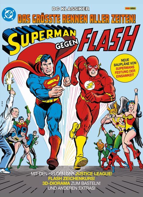 "Das größte Rennen aller Zeiten" zeigt Superman und Flash im Wettlauf. Heldengruppe jubelt, darunter Wonder Woman und Batman.