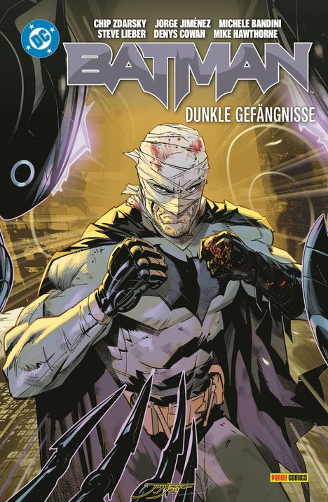BATMAN Dunkle Gefängnisse. Ein gezeichneter, verletzter Mann mit verbundenem Kopf in Kampfhaltung.