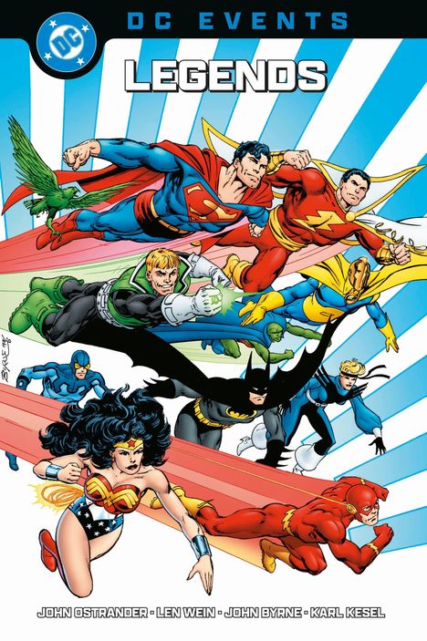 „DC EVENTS LEGENDS“ steht oben. Darunter fliegen Superhelden, darunter Batman, Superman, und Wonder Woman.