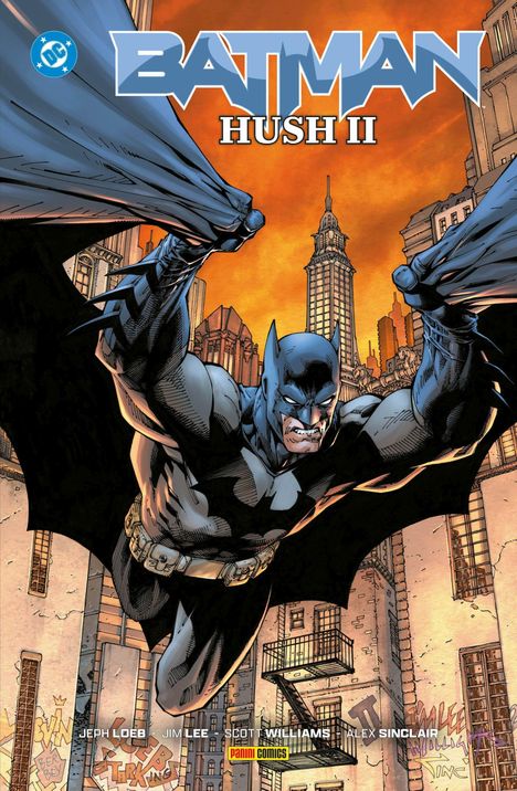 "BATMAN HUSH II" oben; Batman gleitet durch die Stadt mit ausgebreitetem Umhang im Sonnenuntergang. Comic-Stil.