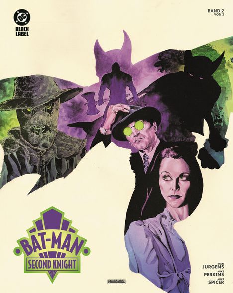 Band 2 von 3. BAT-MAN SECOND KNIGHT. Illustration: verschiedene Figuren, darunter ein mysteriöser Mann und eine Frau.