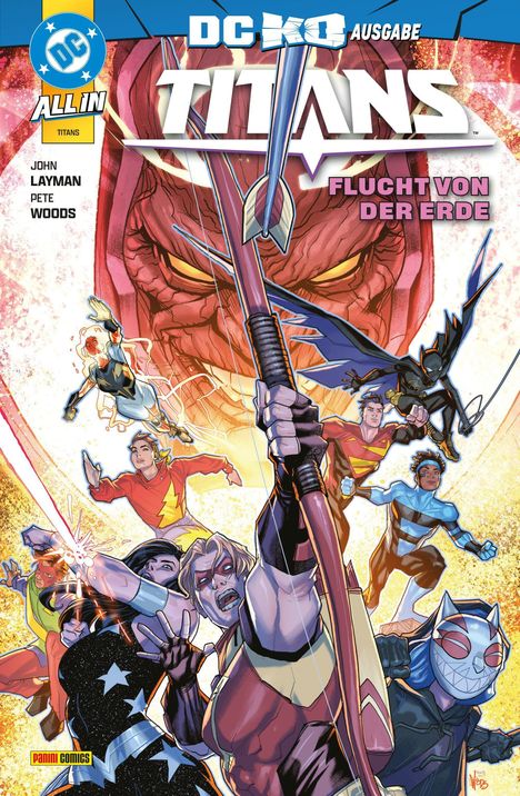 DC KIDS AUSGABE, TITANS, FLUCHT VON DER ERDE. Comic-Stil mit Helden in dynamischen Posen vor einem bedrohlichen Gesicht.
