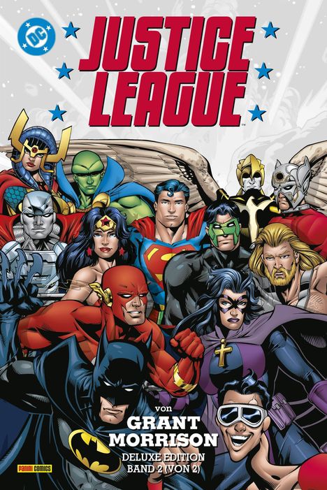 „JUSTICE LEAGUE“, Illustration mit Superhelden, darunter Batman und Superman. Text: Grant Morrison, Deluxe Edition.