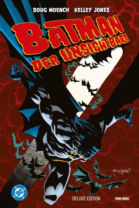 "Doug Moench, Kelley Jones. Batman der Unsichtbare. Deluxe Edition. Eine Illustration von Batman mit Fledermäusen im Hintergrund."