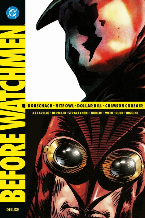 „BEFORE WATCHMEN“, darunter Namen wie „RORSCHACH“, „NITE OWL“. Illustration mit maskiertem Gesicht und großer Brille.