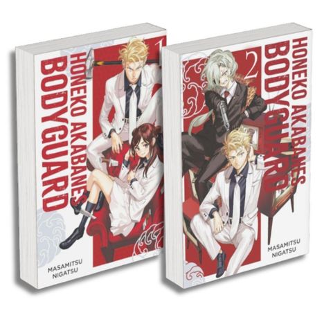 "Honeko Akabanes Bodyguard", Band 1 und 2. Manga-Cover mit stilisierten Figuren: ein Mann in Weiß, eine Frau; beide bewaffnet.