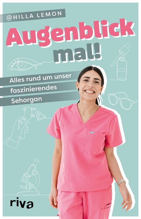 "Augenblick mal! Alles rund um unser faszinierendes Sehorgan" steht auf einem Cover mit einer lächelnden Person in rosa Kleidung.