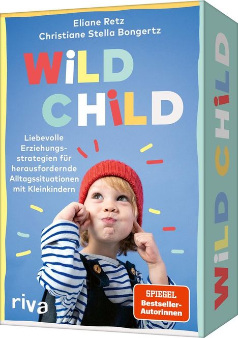 „WILD CHILD“ in bunten Buchstaben. Kind mit roter Mütze und gestreiftem Shirt. Blauer Hintergrund. „Spiegel Bestseller“.