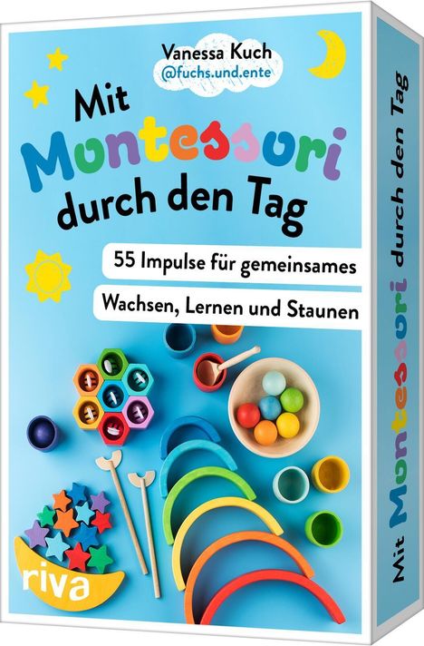 „Mit Montessori durch den Tag: 55 Impulse für gemeinsames Wachsen, Lernen und Staunen.“ Bunte Lernmaterialien auf blauem Hintergrund.