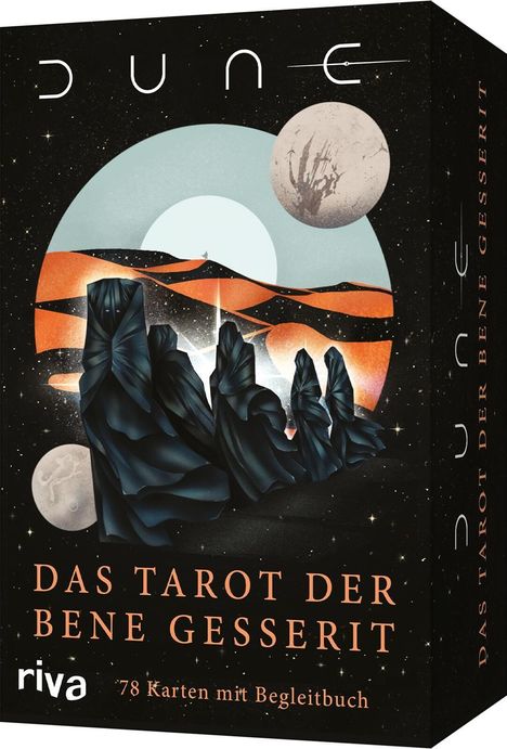 "DUNE" und "DAS TAROT DER BENE GESSERIT". Illustration mit verhüllten Figuren vor Wüstenlandschaft und Monde.