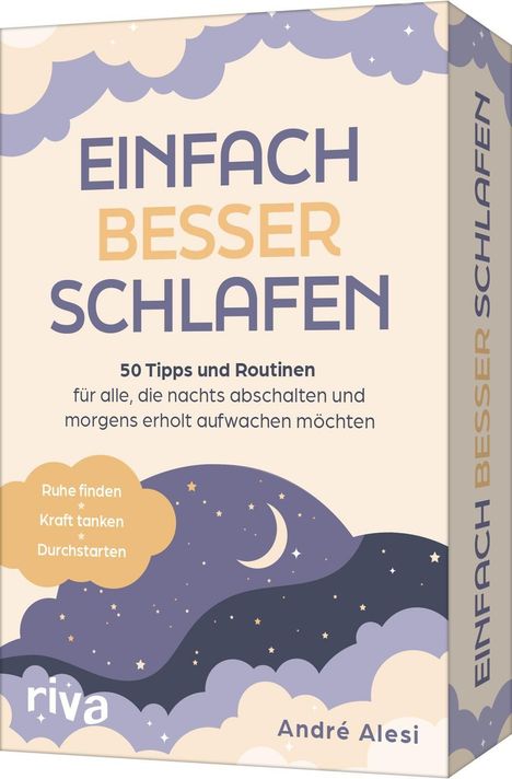 "Einfach besser schlafen" steht oben, darunter "50 Tipps und Routinen". Illustration mit Mond und Sternen.