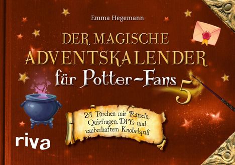 „Der magische Adventskalender für Potter-Fans 5“. Illustration mit Zauberstab, Kessel und Sternen.