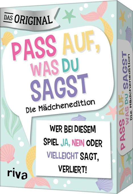"Pass auf, was du sagst - Die Mädchenedition. Wer bei diesem Spiel Ja, Nein oder Vielleicht sagt, verliert!"   
Bunte Verpackung mit Meerjungfrauenmotiven.