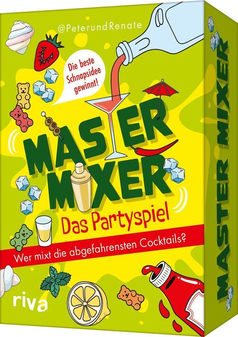 „@PeterundRenate“, „Die beste Schnapsidee gewinnt!“, „MASTER MIXER Das Partyspiel“, „Wer mixt die abgefahrensten Cocktails?“; auf gelbem Hintergrund mit Spielmotiven: Cocktail, Eiswürfel, Erdbeere, Gummibärchen, Zitrone, Pfefferminze.