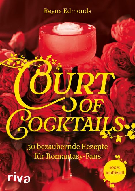 "Court of Cocktails" in gelber Schrift, Cocktailglas, rote Rosen im Hintergrund.