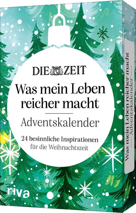 Adventskalender "Was mein Leben reicher macht", grüne Tannen, Schneeflocken, Aufschrift: 24 besinnliche Inspirationen.