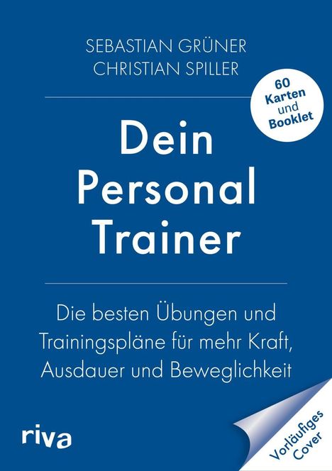"Dein Personal Trainer" in großer Schrift, blaue Farbe, Kreis mit "60 Karten und Booklet". Autoren: Sebastian Grüner, Christian Spiller.