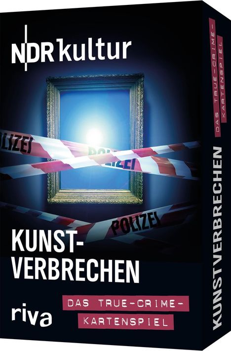 NDR Kultur, Kunstverbrechen, Das True-Crime-Kartenspiel. Gerahmtes Bild, mit Polizeiband abgesperrt, blauer Hintergrund.
