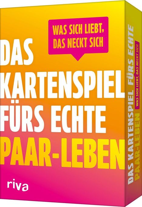 Ein Kartenspiel mit der Aufschrift: "Das Kartenspiel fürs echte Paar-Leben". Gelbe und pinke Farbgestaltung.