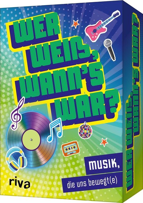 "Wer weiß, wann's war? Musik, die uns bewegt(e). riva."  
Farbenfrohe Illustrationen mit CD, Gitarre und Noten.