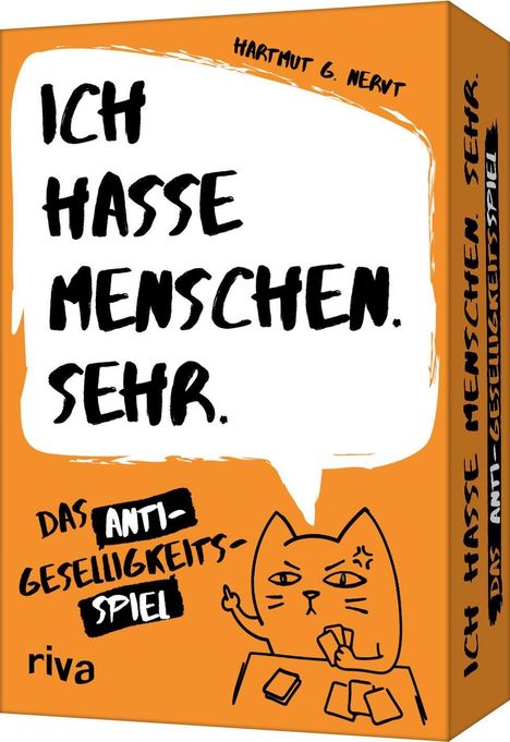 „ICH HASSE MENSCHEN. SEHR.“ „DAS ANTI-GESELLIGKEITSSPIEL“. Illustration: Wütende Katze am Tisch mit Karten.
