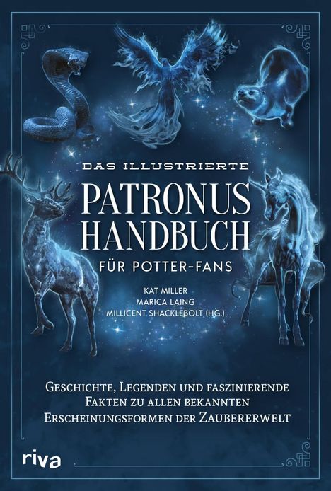 "Das illustrierte Patronus Handbuch für Potter-Fans" zeigt magische Tierfiguren in blauem Licht auf dunklem Hintergrund.