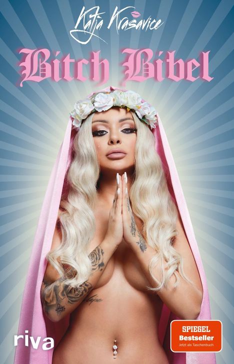 „Katja Krasavice Bitch Bibel.“ Frau mit Blumenkranz und gefalteten Händen vor strahlenförmigem Hintergrund.