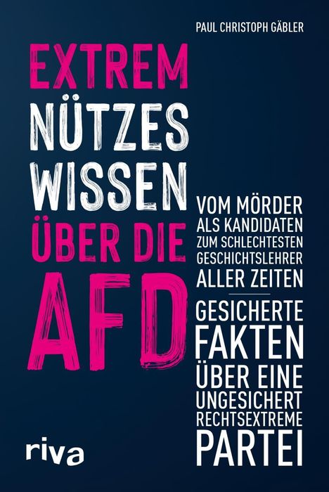 "Extrem nützes Wissen über die AfD" in großen Buchstaben auf dunklem Hintergrund, darunter Details in Weiß.