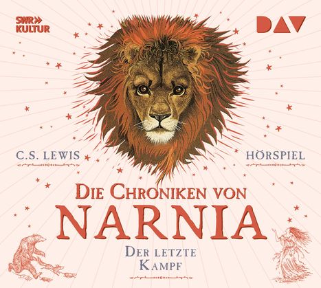 „Die Chroniken von Narnia: Der letzte Kampf“ in roter Schrift, Löwenkopf und Sterne als Illustration.