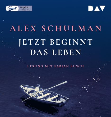 „Alex Schulman - Jetzt beginnt das Leben. Lesung mit Fabian Busch.“ Illustration: Kind in einem Ruderboot auf dunklem Wasser.