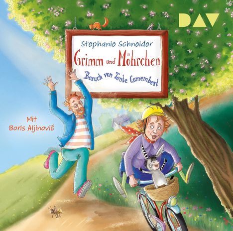 "Stephanie Schneider, Grimm und Möhrchen, Besuch von Tante Camembert, Mit Boris Aljinović. Illustration: Zwei Personen, ein Kind fährt Rad."